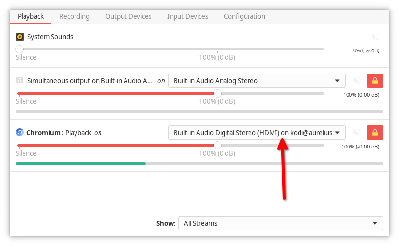 Pavucontrol в котором Chrome вещает прямо на ТВ через HDMI сервера