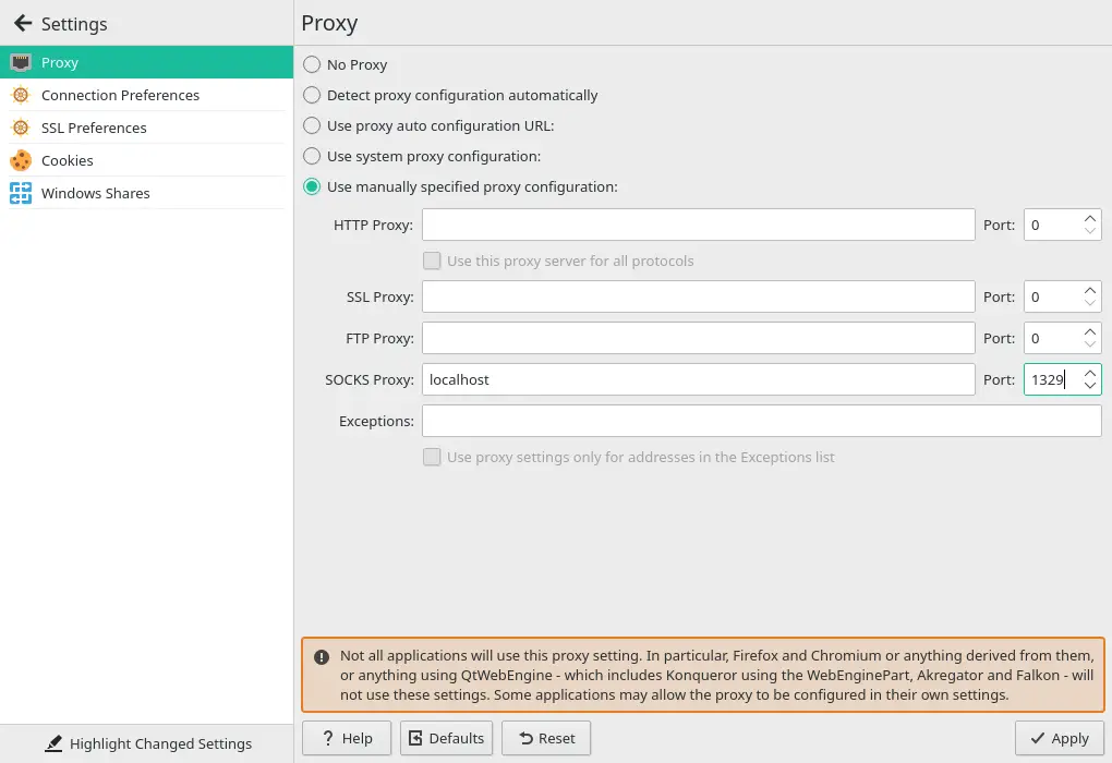 KDE Plasma Proxy Settings